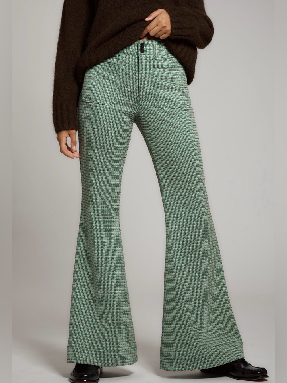 NWT Maeve Plaid Mega-Flare Knit Pants Green Pattern 4 Long